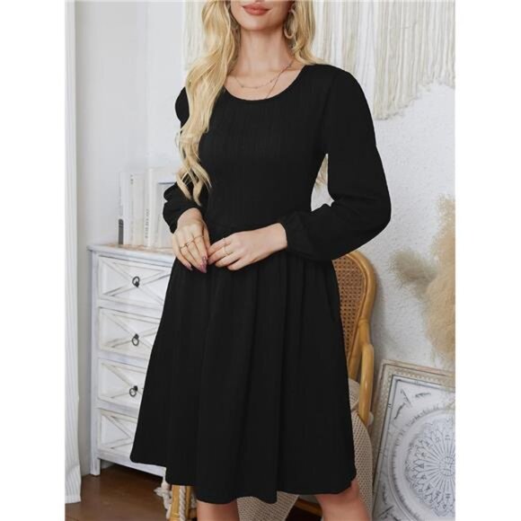 Women's Sweater Dress Ribbed Knit Black - Picture 6 of 6